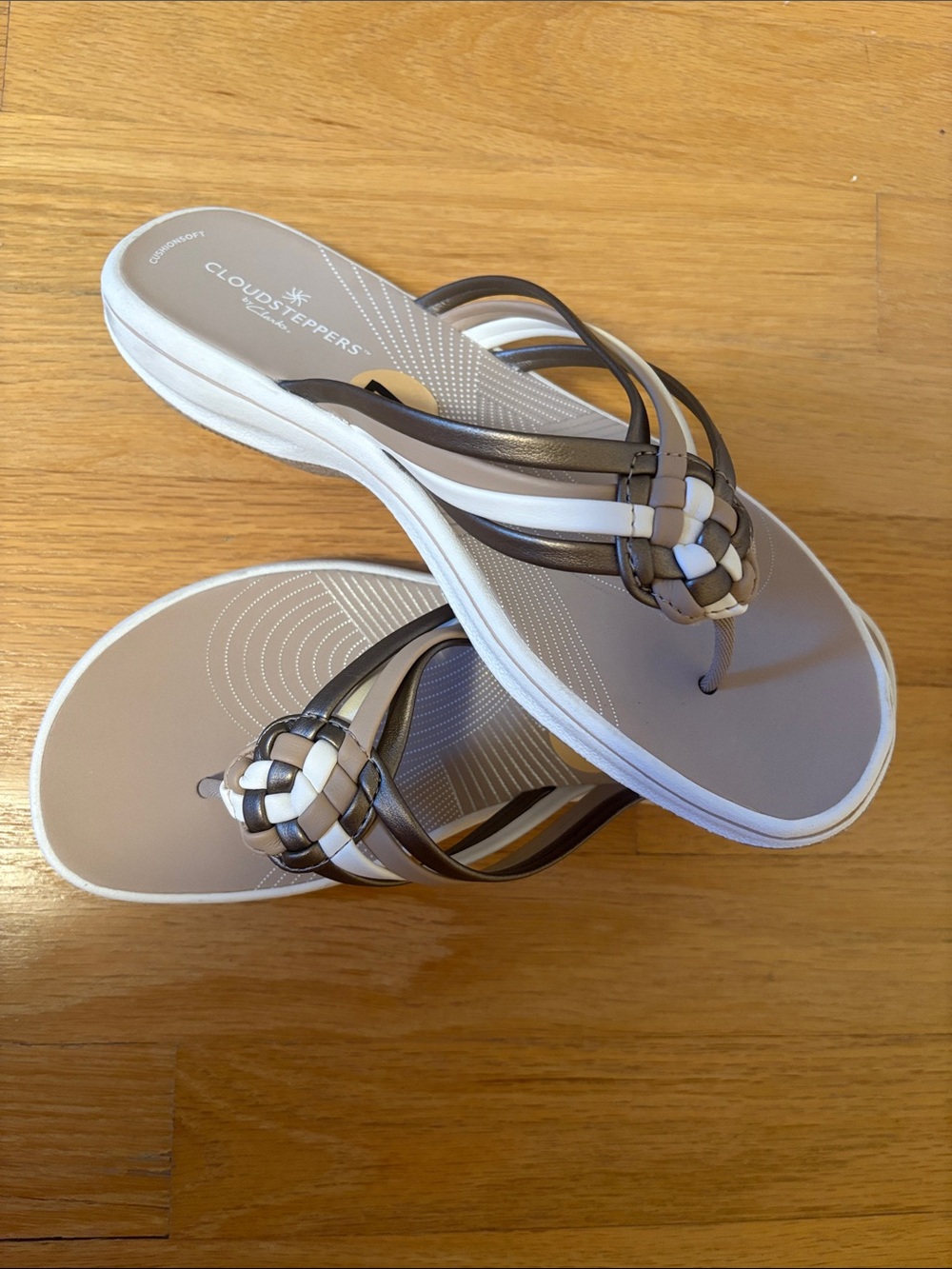 Cloudsteppers by Clarks Taupe and White Woven Strap Flip Flop Sandals